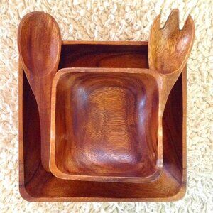 VINTAGE MCM Teak or Monkeypod Serving Set; Bowls, Spoon and Fork. Classic Style